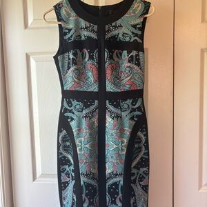 BCBGMaxAzria Black and Teal Paisley Midi Dress